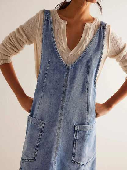 Oversized V-Neck Denim Tank Dress with Front Pockets - Tigbul's Variety Fashion Shop