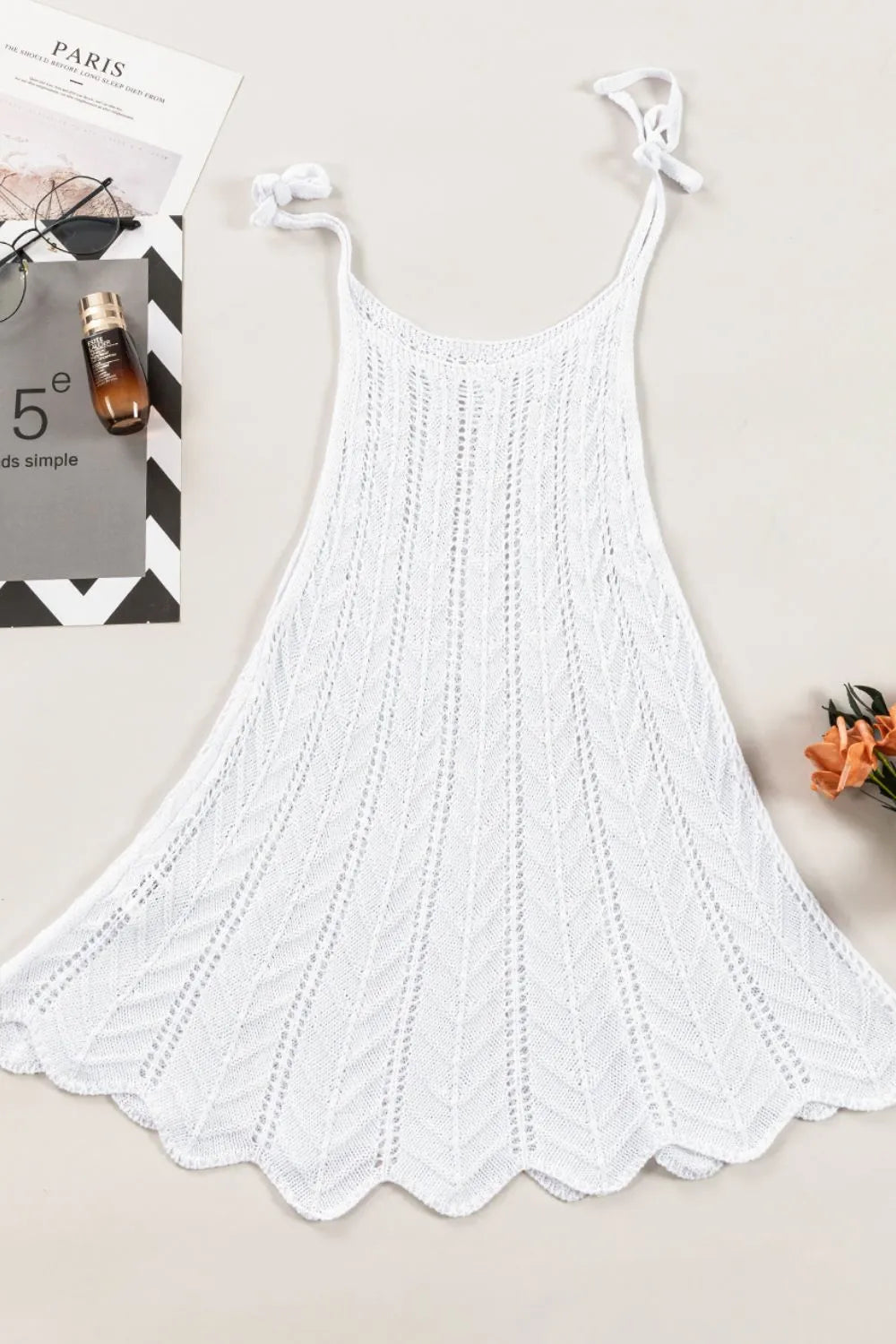 Tie Straps Wave Textured Eyelet White Knitted Vest - Tigbul's Variety Fashion Shop