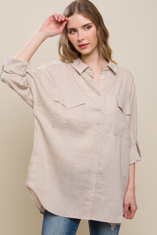 Linen Oversized Double Pocket Button Down Shirt - Tigbuls Variety Fashion