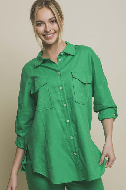 Linen Oversized Double Pocket Button Down Shirt - Tigbuls Variety Fashion