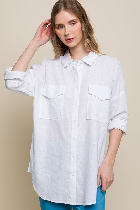 Linen Oversized Double Pocket Button Down Shirt - Tigbuls Variety Fashion