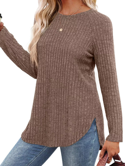 Ribbed Knit Long Sleeve T-Shirt - Tigbul's Variety Fashion Shop