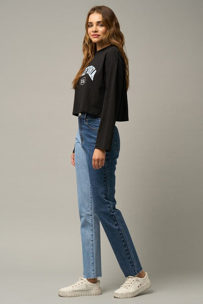 High Waist Two Tone Raw Hem Straight Jeans - Tigbul's Variety Fashion Shop