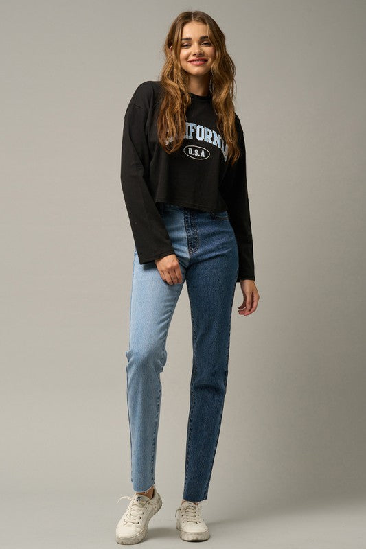 High Waist Two Tone Raw Hem Straight Jeans - Tigbul's Variety Fashion Shop
