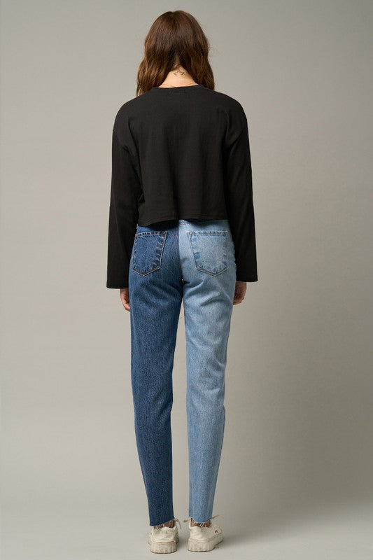 High Waist Two Tone Raw Hem Straight Jeans - Tigbul's Variety Fashion Shop