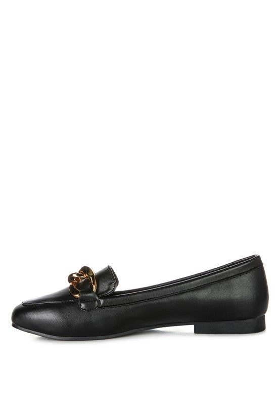 Chunky Metal Chain Faux Leather Loafers - Tigbuls Variety Fashion