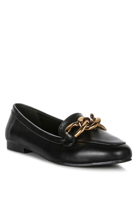 Chunky Metal Chain Faux Leather Loafers - Tigbuls Variety Fashion