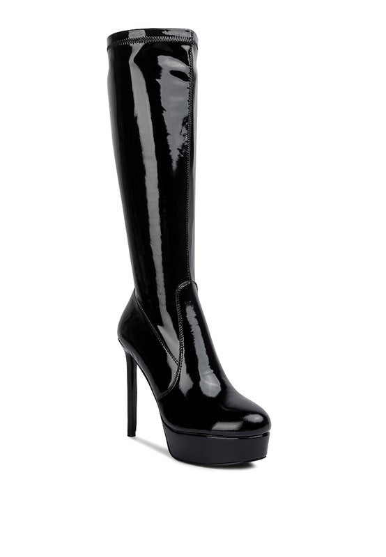 Shawtie High Heeled Stretch Patent Calf Boots - Tigbuls Variety Fashion