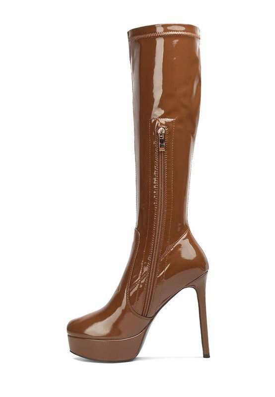 Shawtie High Heeled Stretch Patent Calf Boots - Tigbuls Variety Fashion