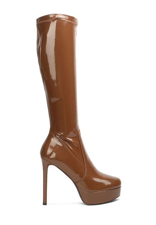 Shawtie High Heeled Stretch Patent Calf Boots - Tigbuls Variety Fashion