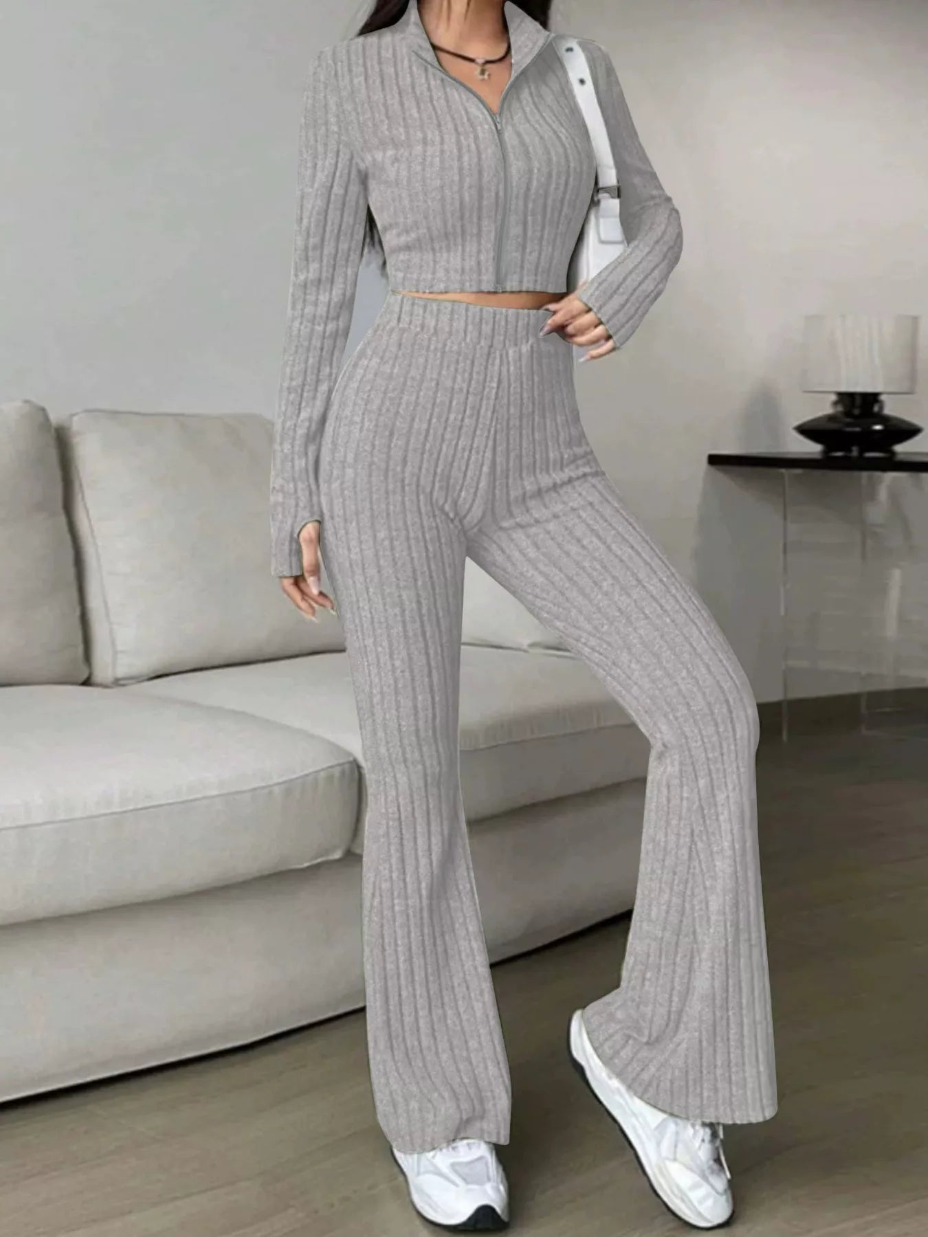Ribbed Knit Crop Top and Flare Pants Set - Tigbul's Variety Fashion Shop