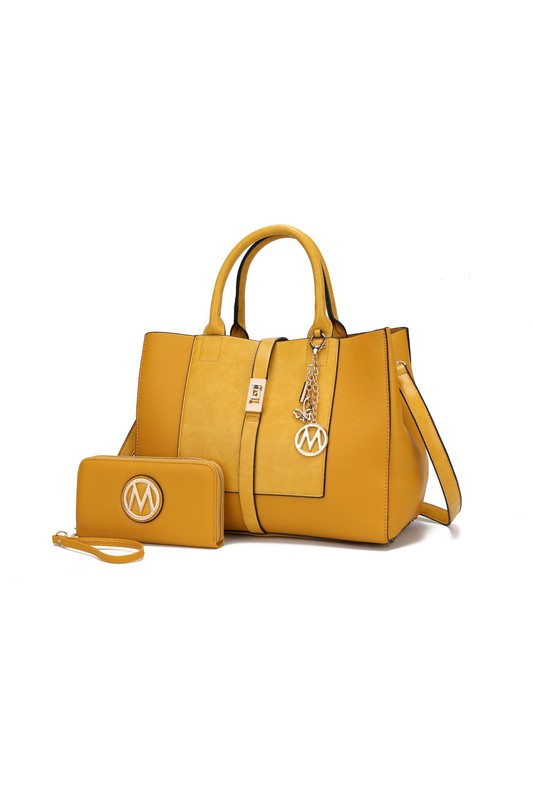 Yola satchel bag with wallet, mustard leather-look, chain charm and logo patch