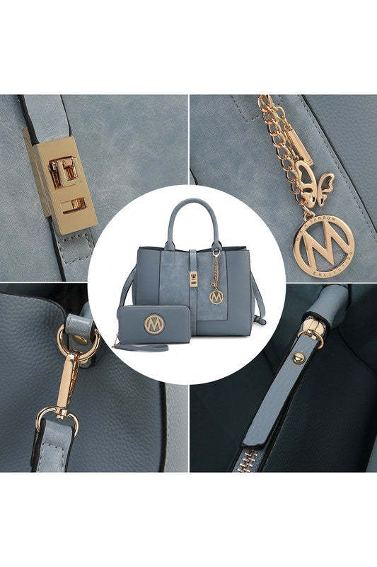 Denim Blue Yola satchel close-up: gold-tone hardware, logo charm, and wallet