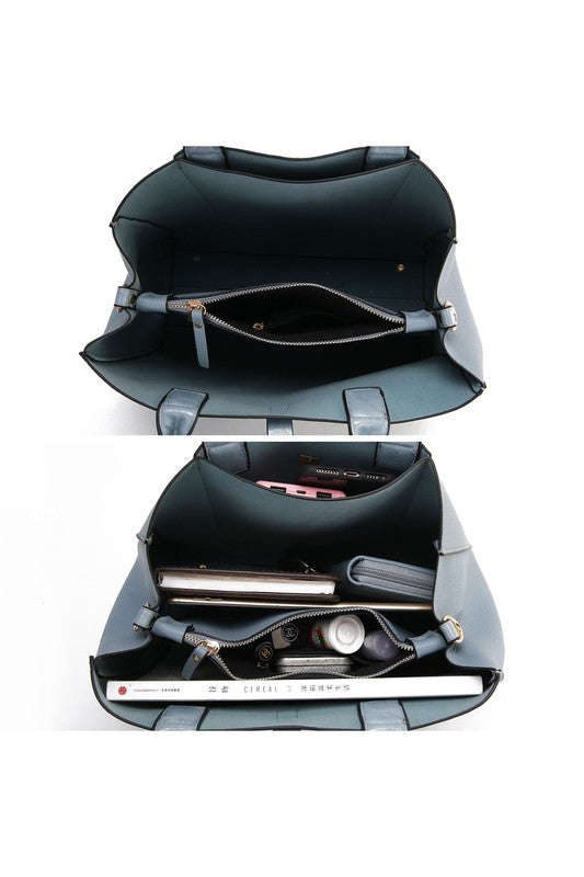 Denim Blue Yola satchel open interior with zipper pocket and organized compartments