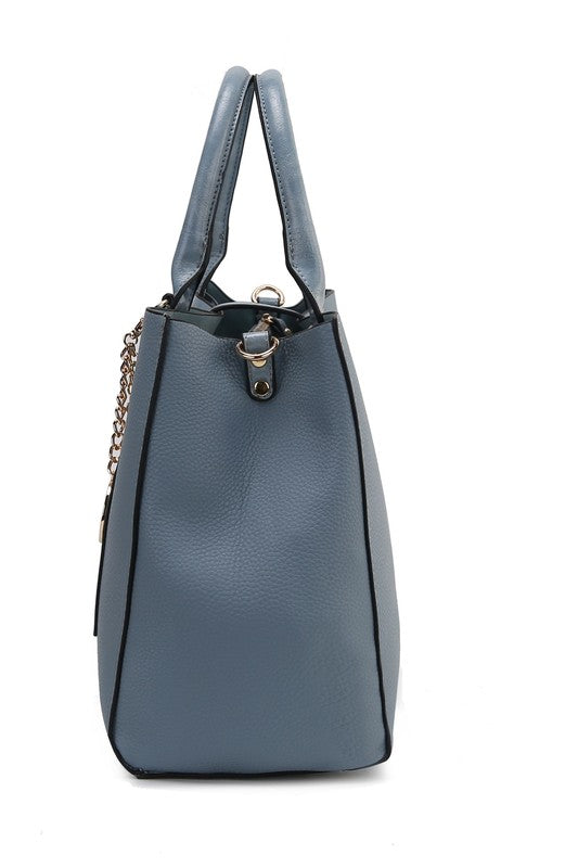 Denim Blue Yola satchel side view with chain strap and top handle hardware