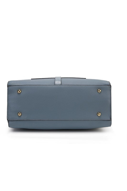 Denim Blue Yola satchel bottom view with gold-tone feet and sturdy base panel