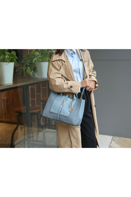 Denim Blue Yola satchel with wallet accessory, front logo detail and top handle