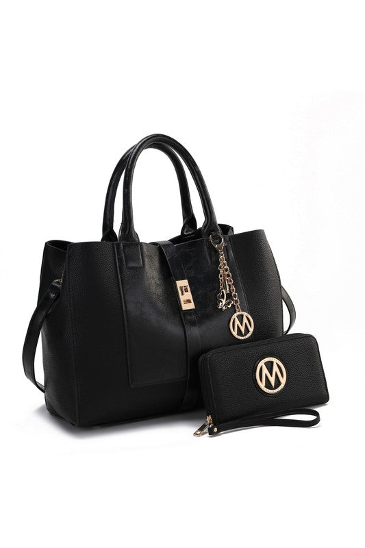 Yola satchel bag with wallet, black leather-look, chain charm and logo patch
