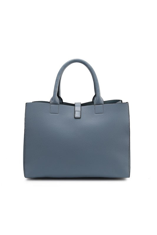 Denim Blue Yola satchel bag with top handles and center front strap detail
