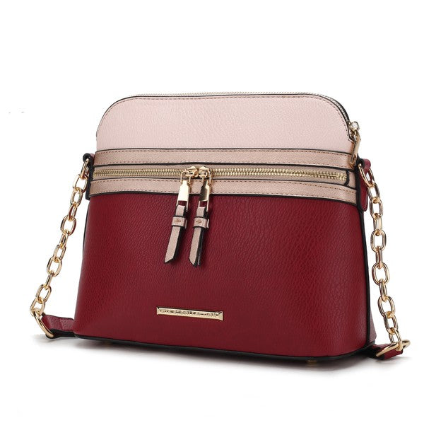Karelyn Crossbody, bordeauxrot mit roségold Reißverschlussfächern, Kettenriemen