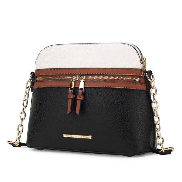 Karelyn Crossbody, schwarzer Korpus mit cognacfarbenem Reißverschlussband, Kettenriemen