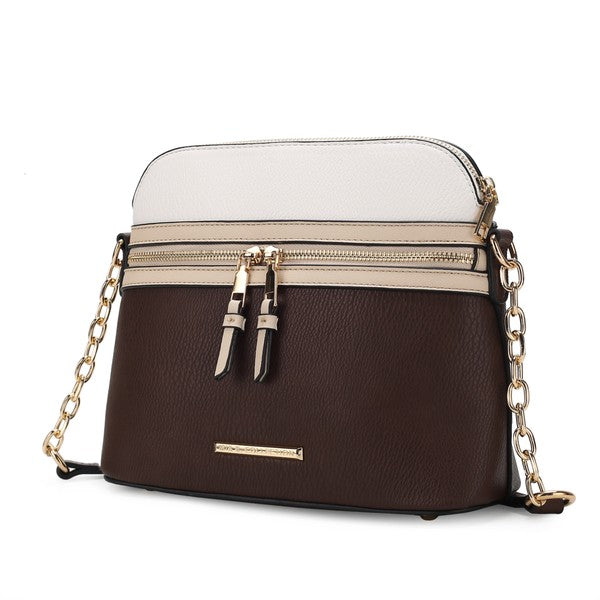 Karelyn Crossbody-Tasche zweifarbig: creme oben, braun unten, goldene Kette