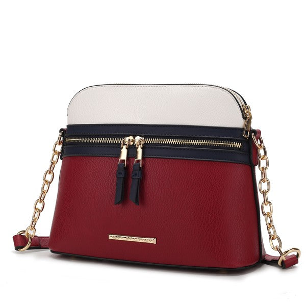 Karelyn Crossbody-Tasche zweifarbig: creme oben, weinrot unten, goldene Kette