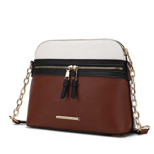 Karelyn Crossbody-Tasche mit creme Oberteil, schwarz-braunem Körper, goldene Kette