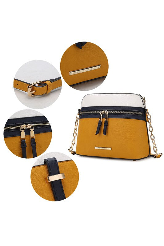 Karelyn Crossbody, senfgelb mit marineblauem Zierband, Quasten, Kettenriemen
