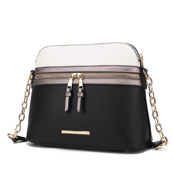Karelyn Crossbody, schwarz mit silberfarbenem Zipperband, Kettenriemen, Metallplakette