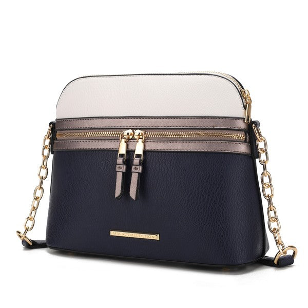 Karelyn Crossbody-Tasche zweifarbig: creme oben, dunkelblau unten, goldene Kette