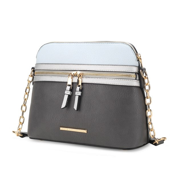 Karelyn Crossbody-Tasche zweifarbig: hellgrau oben, dunkelgrau unten, goldene Kette