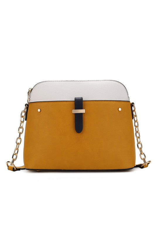 Karelyn Crossbody, Senf mit weißem Oberteil und dunkelblauem Vorderband, Kettenriemen