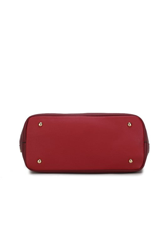 Burgundy zip-top tote bag with metal feet and gold-tone corner hardware