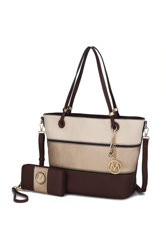 Colorblock-Totebag: Creme & Schokolade, Reißverschluss, abnehmbare Tasche am Riemen