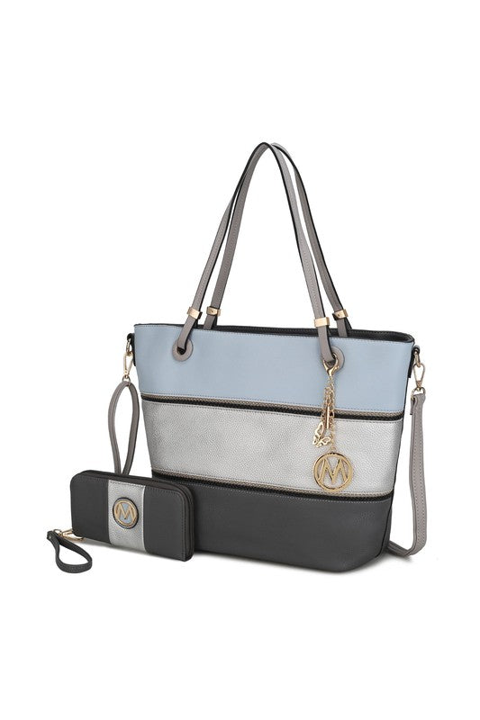 Colorblock-Totebag: Hellblau, Grau & Schwarz, Reißverschluss, mit Schulterriemen-Tasche