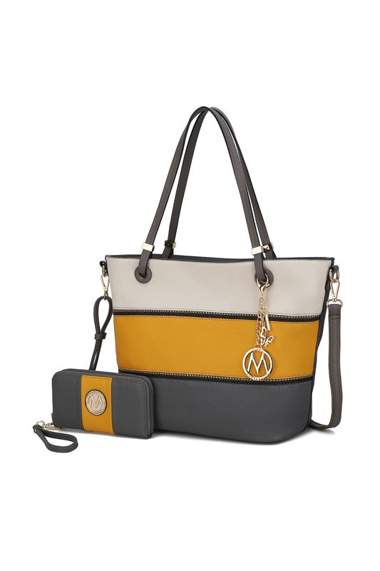 Colorblock-Totebag: Creme, Senfgelb & Grau, Reißverschluss, mit Reißverschluss-Fronttasche