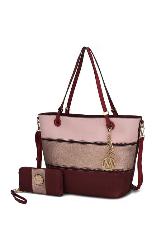 Colorblock-Totebag: Rosé & Burgund, Reißverschluss, abnehmbare Tasche mit Riemen