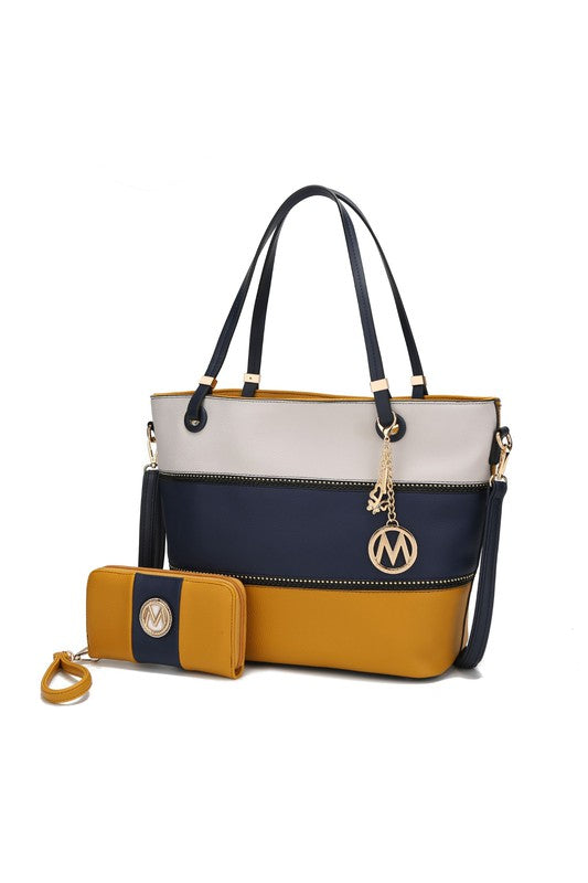 Colorblock-Totebag: Weiß, Navy & Senfgelb, Reißverschluss, mit Front-Tasche und Riemen