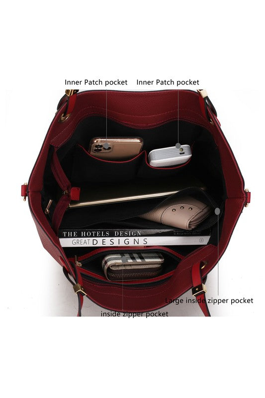 Inside view of burgundy tote showing zip pocket and two inner patch pockets