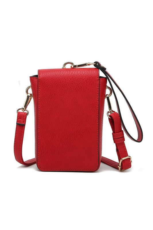 Red crossbody bag with textured finish, front flap, and adjustable crossbody strap.