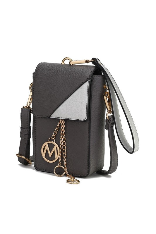Charcoal crossbody & wristlet with white-trim flap, gold-tone hardware and chain charm