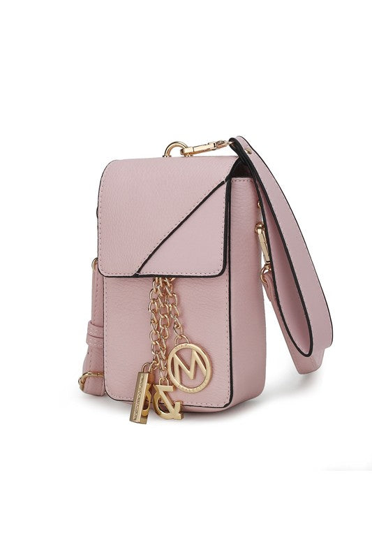 Blush pink crossbody & wristlet with flap front, gold-tone hardware and chain charm