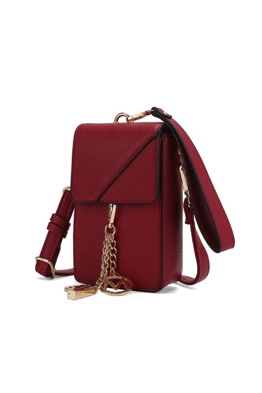 Burgundy crossbody & wristlet with flap front, gold-tone hardware and gold chain charm