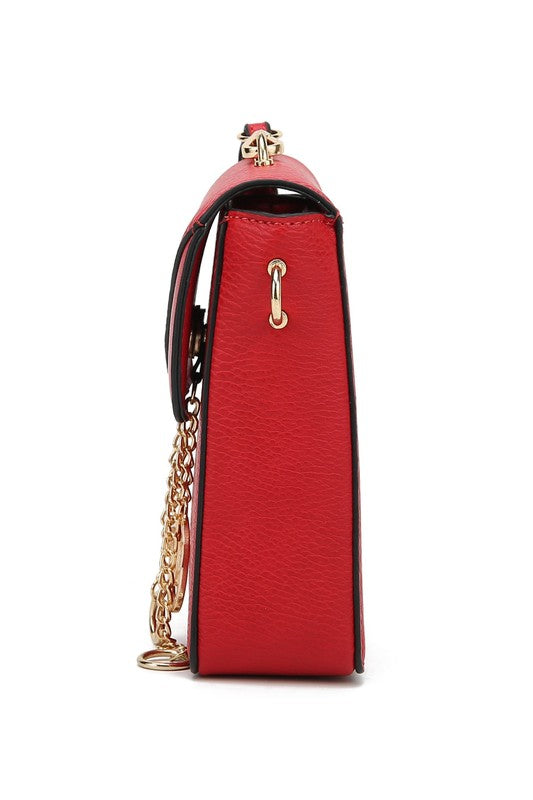 Red crossbody back view with chain strap loops and top clasp hardware.