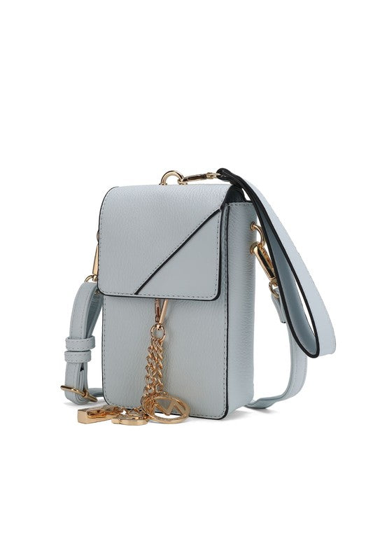 Light blue crossbody & wristlet with flap front, gold-tone hardware and hanging chain