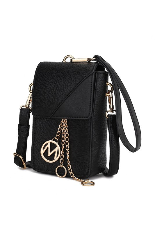 Black Hannah crossbody & wristlet with flap, circular logo charm, and gold chain strap.