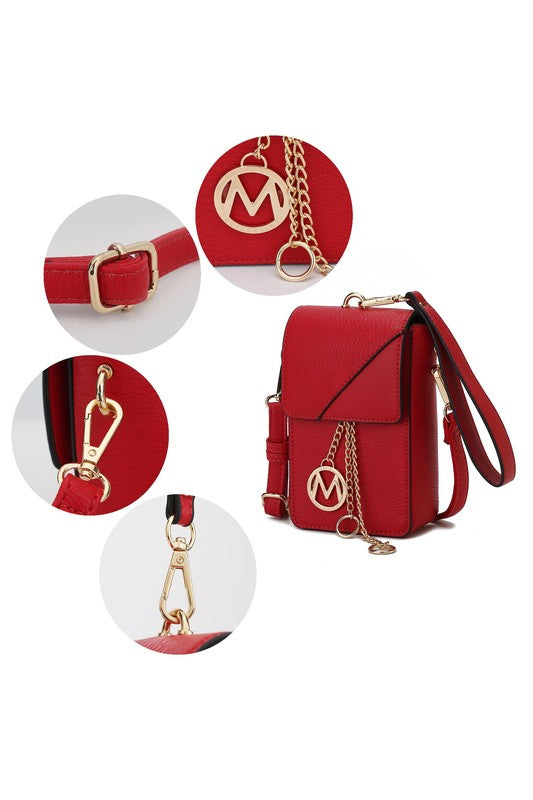 Red Hannah crossbody close-up: flap front with circular logo, wrist strap and gold chain.