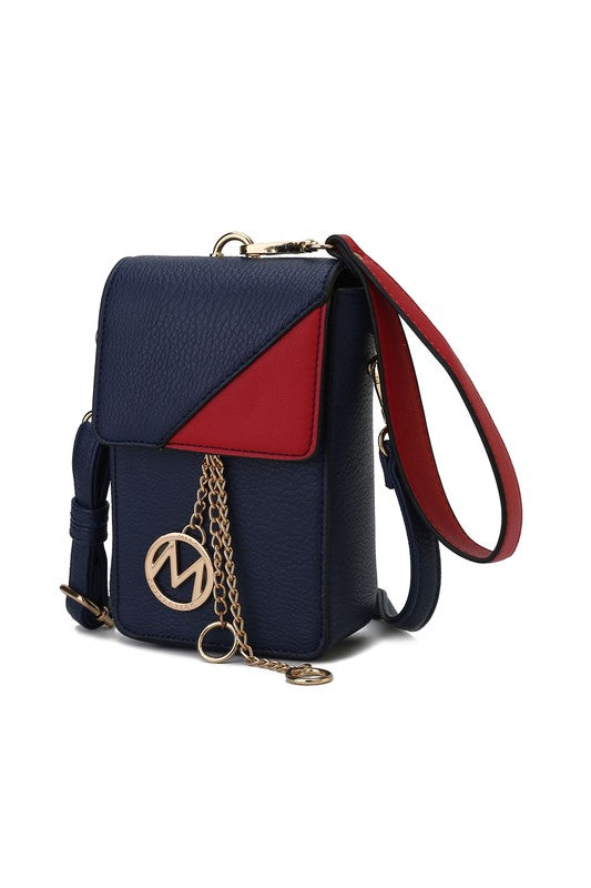 Navy crossbody & wristlet with red accent panel, gold-tone hardware and chain charm