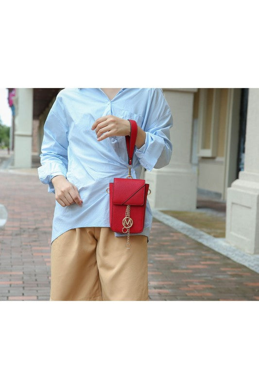 Red Hannah crossbody & wristlet with flap, logo charm, chain strap and gold hardware.